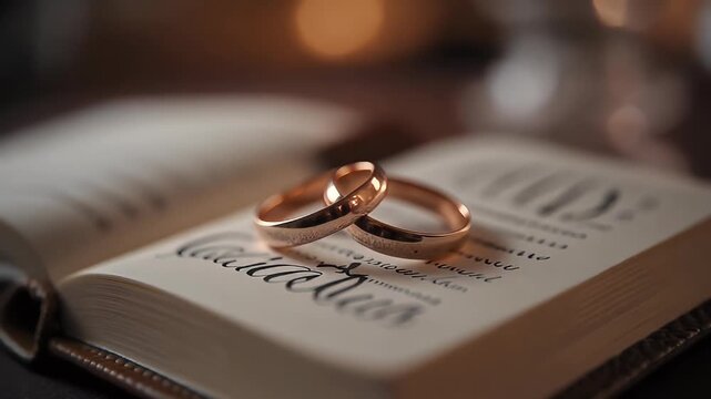 Rose Gold Wedding Rings on Vow Book with Romantic Candlelight Bokeh