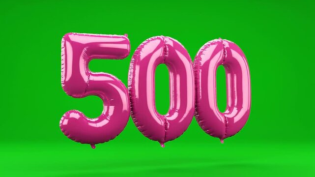 Floating Number 500 Pink Balloons Isolated on Green Screen