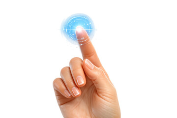 Hand touching digital interface, finger interacting with virtual screen, future technology concept on transparent background