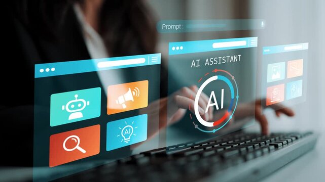 Modern Businesswoman Using AI Assistant Technology for Productivity Enhancement in a Digital Workspace Environment with Futuristic Interface Design Gluon.