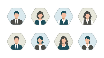 落ち着いた色彩（ライトモカベージュ・ミスティブルーグレー）の六角形フレームのフラットデザイン、男女8人のビジネスパーソン人物イラストセット。お客様の声やプロフィールアイコン向けアバター素材