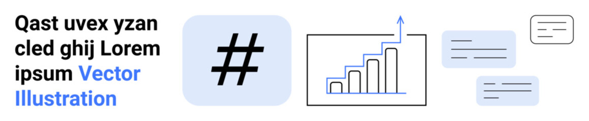 Obraz premium metadata tag icon, upward-trending bar chart with an arrow, text blocks, and vibrant colors. Ideal for analytics, marketing, social media, business growth, content strategy reports simple landing