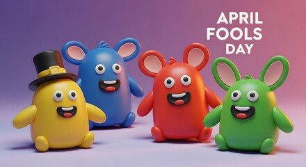 Colorful cartoon animals celebrating april fools day with festive accessories