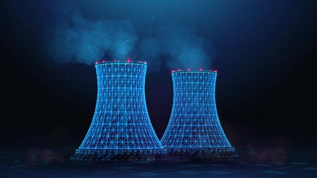 Animation Loop of Two Lowpoly Hyperboloid Cooling Towers Emitting Steam at Electric Station. Animated nuclear power plant cooling chimney exhaust large plumes of vapor or smoke in wireframe mesh style