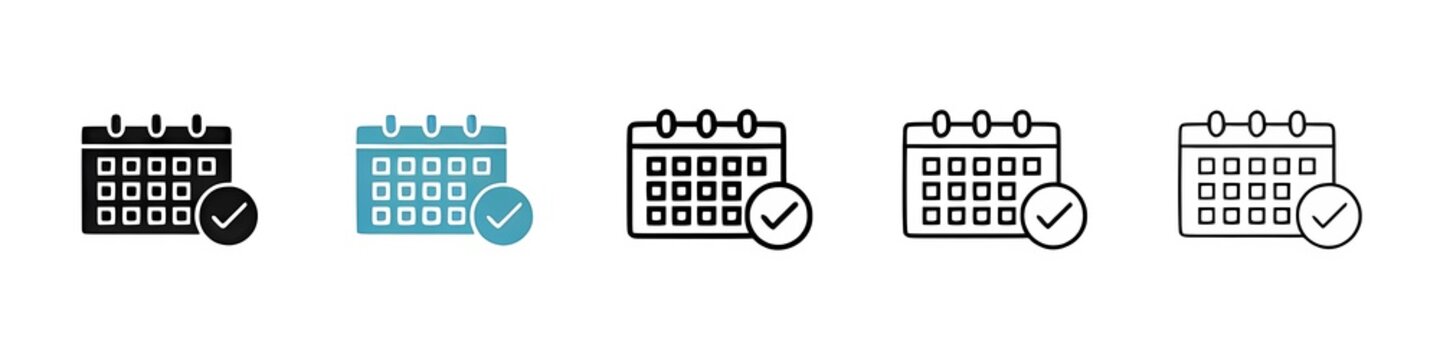 Calendar Check Line Icon Set for UI Designs. Date Available Vector Icon. Event Agenda Planner with Tick Sign for UI Designs. Schedule Appointment Vector Icon.
