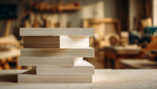 Stack of white plywood panels with smooth surfaces and fine wood grain texture in a woodworking workshop