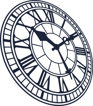 Elegant clock face with roman numerals tilted view