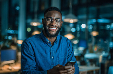 Fototapeta premium Smiling young man with glasses in casual blue shirt holding smartphone in a modern, vibrant indoor setting