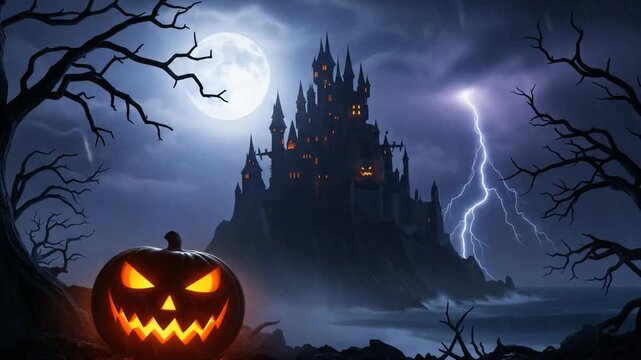 Spooky Halloween Castle and Jack O Lantern on a Stormy Night.
