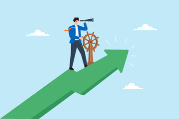 Flat illustration of businessman steering ship wheel on upward arrow while using telescope representing leadership direction vision and strategic business growth © VZ_Art