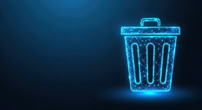 Glowing blue trash bin icon in a digital network, representing data deletion and cleanup operations.