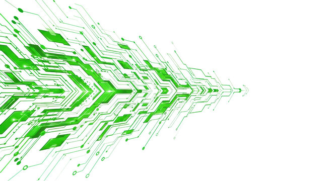 An abstract background pattern with luminous neon green lines, glowing dots, and geometric shapes, evoking a futuristic circuit board on a transparent background with copy space. Concept of modern