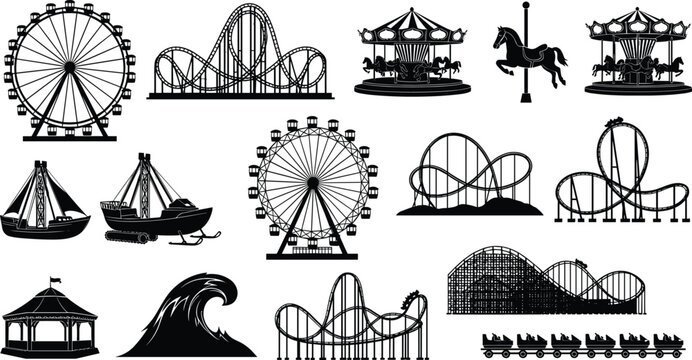 Black silhouette set of amusement park attractions, ferris wheel and roller coaster icons, carnival fair rides for summer vacation design.