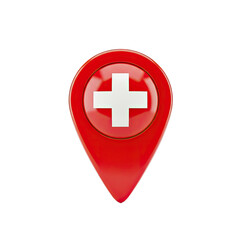 Obraz premium Red Location Pin with White Cross Symbol on White Background.