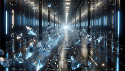 A futuristic hallway with a glowing light at the end and scattered diamonds on the floor with a dark background and blue accents.