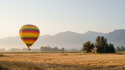 Colorful hot air balloon flying over golden farmland near rustic house with mountain landscape at sunrise travel adventure concept