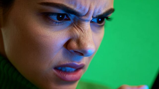 Angry woman screaming at smartphone on green screen. 4K Video