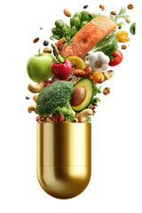 Health capsule filled with produce and proteins floats over dark background