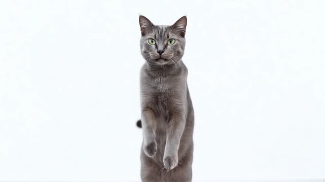 Grey cat jumping towards camera on white background