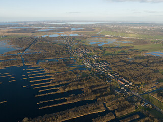 Aerial view wetlands village landscape with islands and waterways