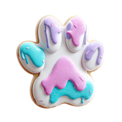 Paw-print sugar cookie with pastel icing drips on a dark background