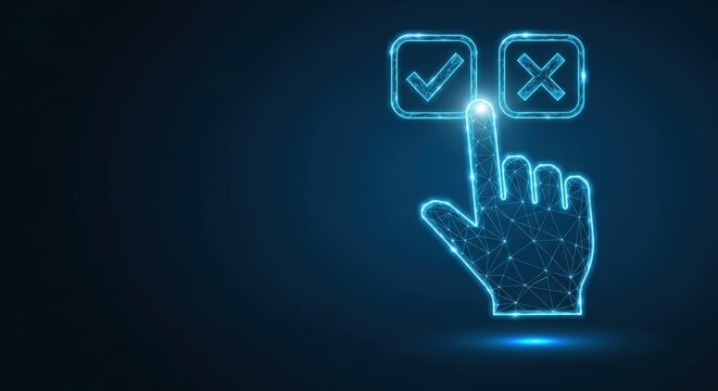 Polygonal digital hand selecting a checkmark from interface options on a glowing blue dark background