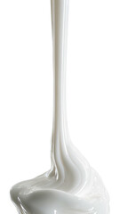 Thick, white liquid pours down against a stark black backdrop, glossy and flowing