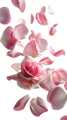 Falling pale pink rose petals on dark background, blossom in center