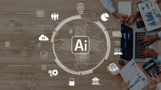 A dynamic workspace featuring hands working around a wooden table adorned with AI icons and data visualization elements, symbolizing collaboration and innovation in technology. Raster
