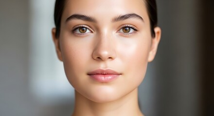 Obraz premium Close-up Portrait of a Beautiful Young Woman with Natural Radiant Skin and Brown Eyes Looking at Camera