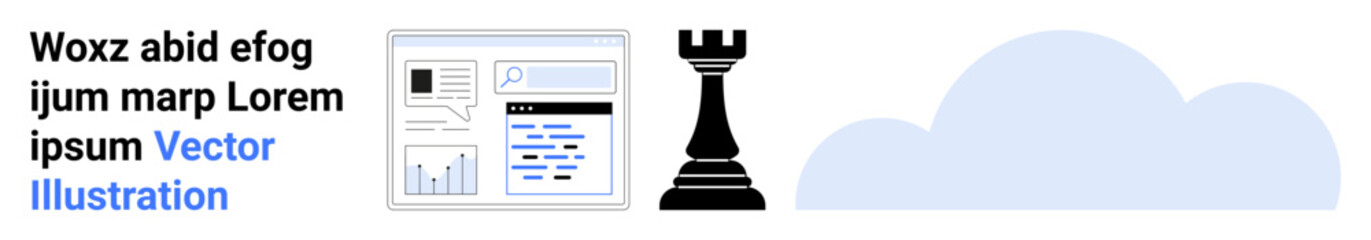 Data analytics, cloud computing, strategy planning, digital tools, monitoring systems, online platforms. A dashboard, a rook chess piece and a cloud. Data analytics and cloud computing concepts © robu_s