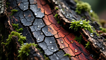 Close-up of a decaying tree trunk with moss and water droplets on cracked bark in a natural setting.