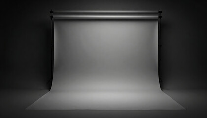 A studio backdrop stand with a large, smooth gray screen hanging down, illuminated from above, against a dark background.