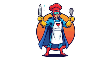 Naklejka premium Culinary Hero Cooking with Utensils in Vibrant Kitchen Environment