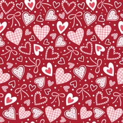 Seamless Valentine Heart And Bow Pattern On Red Background