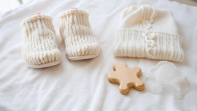 Cream baby booties knitted hat and wooden teether flat lay