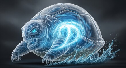 Futuristic digital turtle with glowing blue energy waves