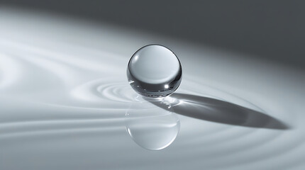 Close-up of a single water droplet on rippling water surface with reflection and shadow in grayscale.