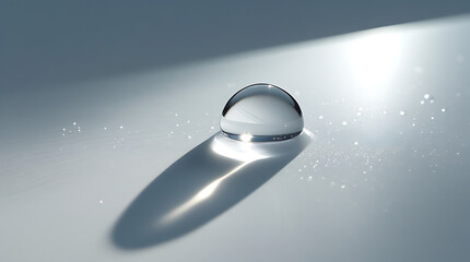 Close-up of a single water droplet with a shadow on a gray surface with small particles, lit by a beam of light.