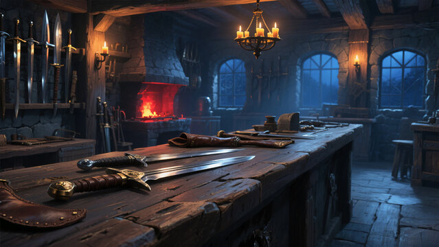 Candlelit Medieval Forge Workshop with Swords on a Wooden Workbench
