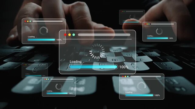 Hands Typing on Keyboard with Animated Loading Overlays on Screens Representing Data Processing and Technology in a Modern Workspace Gluon.