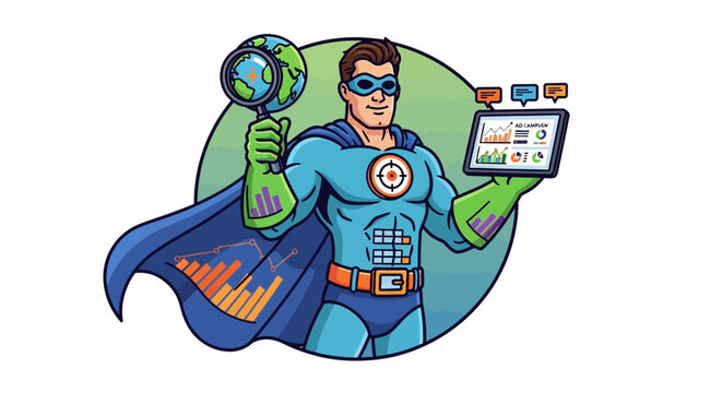 Superhero Data Analyst Uses Technology to Save the Planet in Illustrated Graphic Design