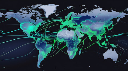 A world map with glowing green lines and connections on a dark background, highlighting global connections and travel routes.