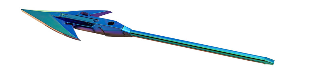 Vibrant iridescent metallic futuristic axe-like weapon with a sharp blade and long handle