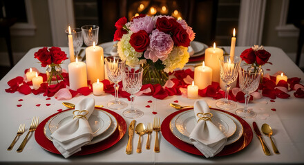 Romantic table setting with red roses and candles for a special occasion