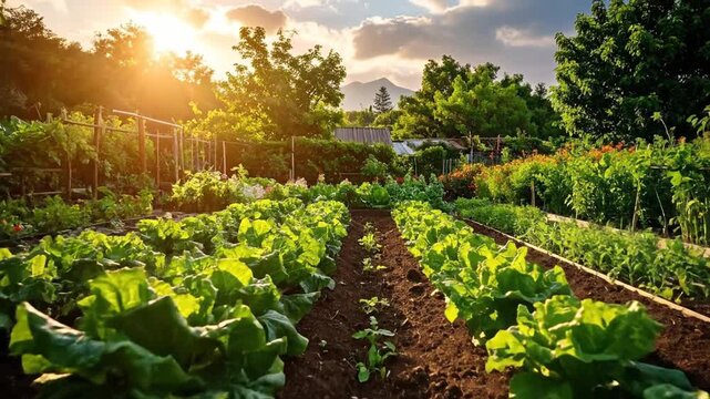 Lush vegetable garden bathed in sunlight, rows of vibrant plants thriving under a clear sky.