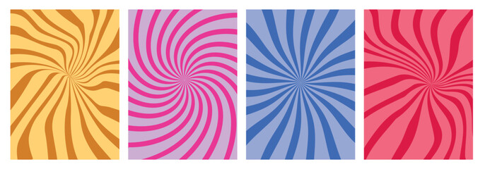 Obraz premium Starburst 70s Sun Groovy backgrounds. Y2k aesthetic sunny funky waves. Spiral ray, swirl, mesh, retro, stripes banner. Vortex spiral twirl psychedelic wallpaper.