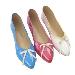 Fototapeta premium Set of three glossy ballet flats in blue pink and white with bows isolated on Transparent Background