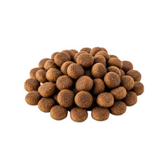 Pile of dry brown pet food kibble isolated on transparent background