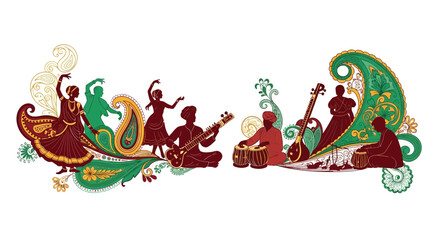 Obraz premium Vector illustration of Indian musicians playing traditional instruments in a vibrant, ornate design with swirling patterns for the Taj Mahotsav festival in Delhi.